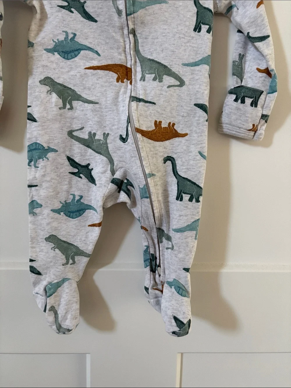 Carter's Gray and Green Dinosaur Print Footed One-Piece Pajama 0-3 months